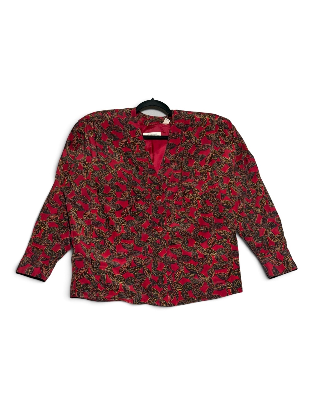 Vintage Ellen Tracy Red Silk Leaf Print Blouse Size Small
